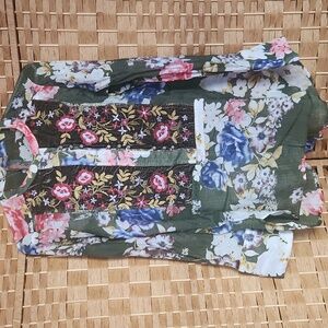 Arrata Silent Journey, Women's sheer, embroidered, green velvet shirt top Sz S